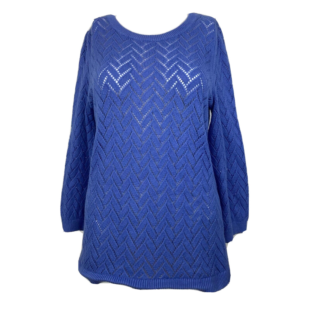 Talbots Sweater Womens Sz‎ M Purple Cotton Linen Open Knit 3/4 Sleeve Round Neck